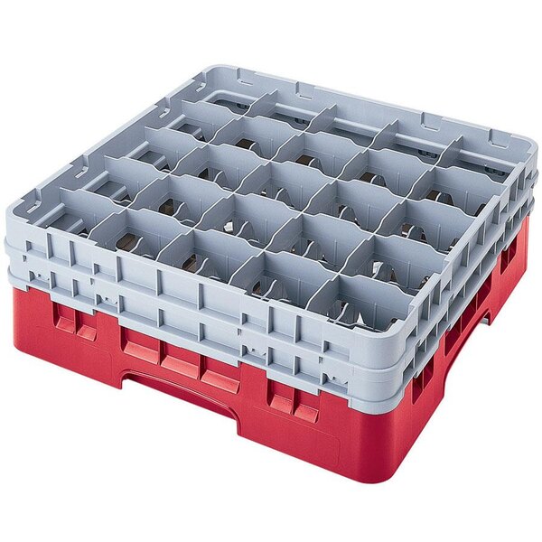 A red and grey plastic Cambro glass rack with several compartments.