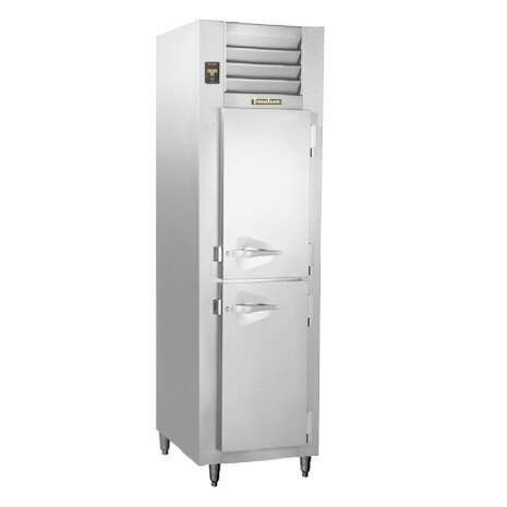 A Traulsen stainless steel narrow reach-in freezer with two half doors.