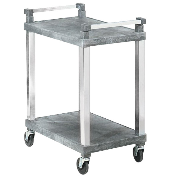 A grey metal Vollrath utility cart with two metal shelves and wheels.