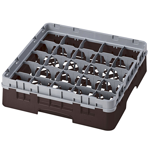 A brown plastic Cambro glass rack with many compartments.