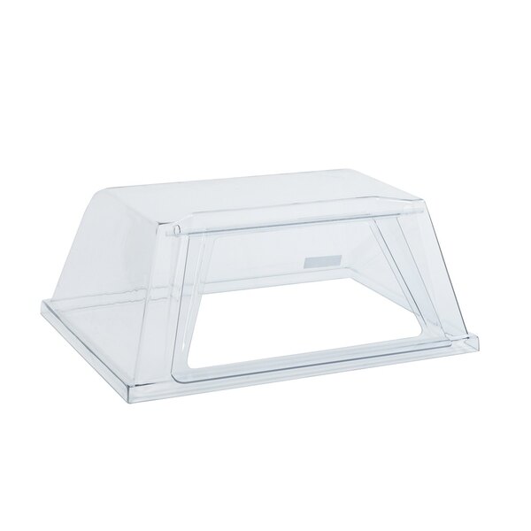 A clear polycarbonate container with a clear lid on a white background.
