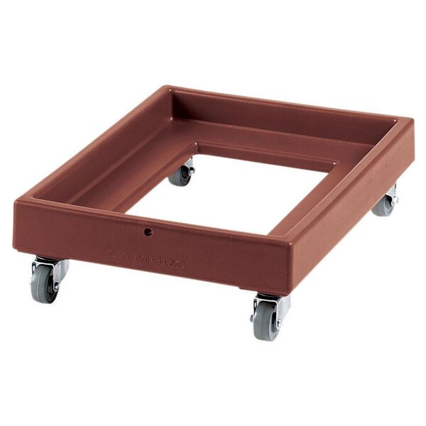 A dark brown plastic Cambro milk crate dolly with wheels.