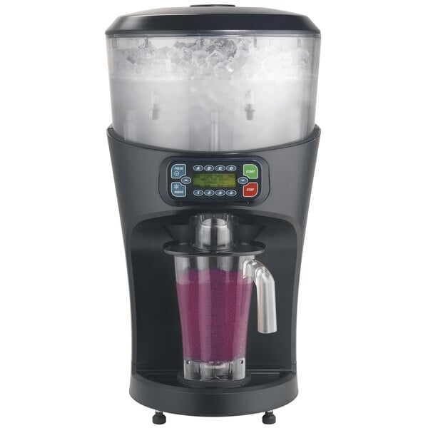 A Hamilton Beach commercial blender filled with purple liquid.