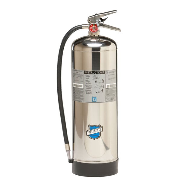 A silver Buckeye water fire extinguisher with a black hose.