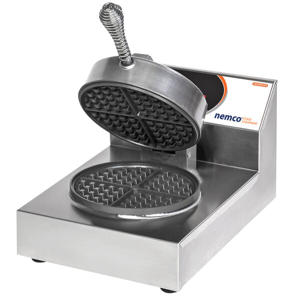 A Nemco SilverStone waffle maker with a lid.