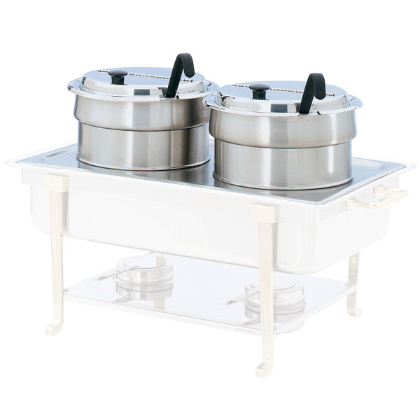 A Vollrath double soup buffet kit on a stand with two stainless steel pots and a lid.