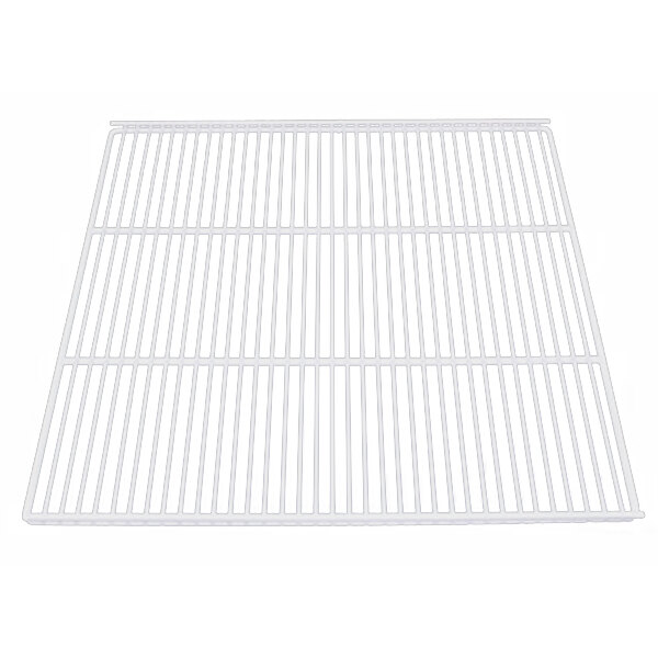 A white coated wire shelf with a grid pattern.