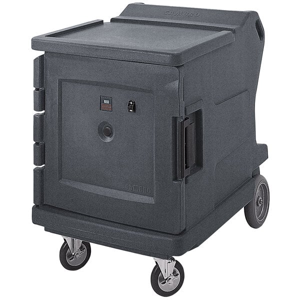 A Cambro Granite Gray electric hot food holding cabinet on wheels.