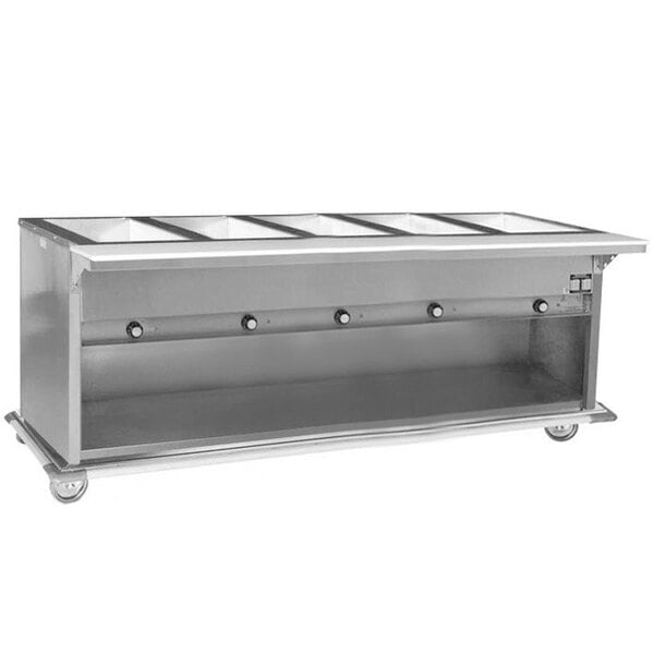 An Eagle Group stainless steel electric hot food table with an enclosed base holding five trays of food.