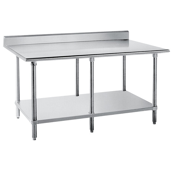 A stainless steel work table with undershelf and backsplash.