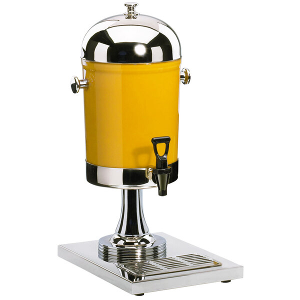 A yellow and stainless steel beverage dispenser on a metal stand.
