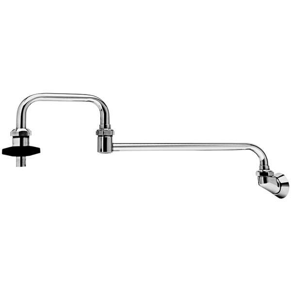 A T&S chrome wall mounted pot filler with a handle and hose.