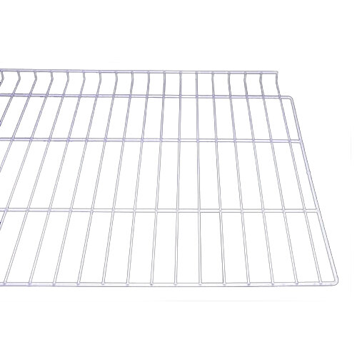 A white wire shelf with black lines.