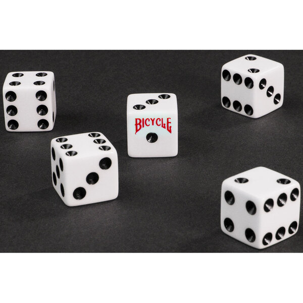 A pack of five white dice with black Bicycle logos and dots.