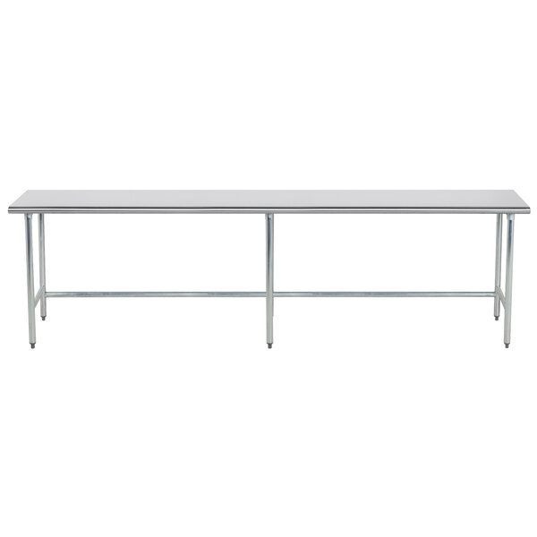 A long stainless steel Advance Tabco work table with an open base.
