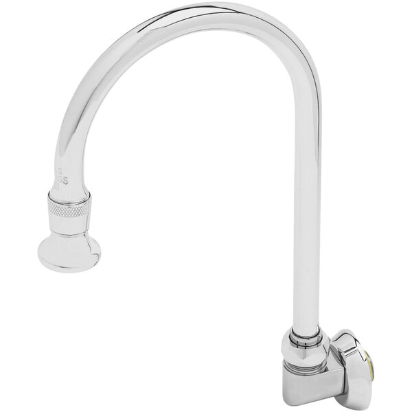 A silver T&S wall mounted faucet with a swivel gooseneck spout.