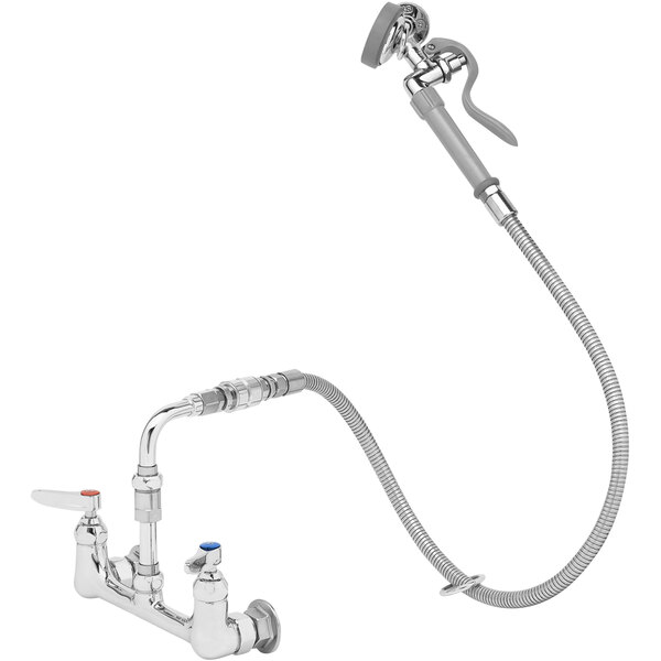 A T&S chrome wall mounted faucet with pre-rinse spray hose and valve.