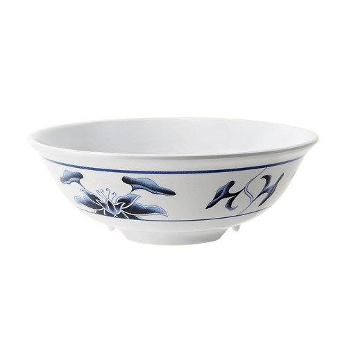 A white melamine bowl with a blue and white water lily design.