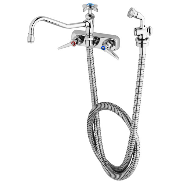 A chrome T&S wall mount faucet with a hose and spray nozzle.