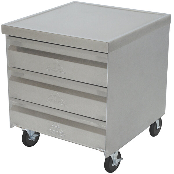 A grey metal Advance Tabco mobile drawer cabinet with 4 drawers and wheels.
