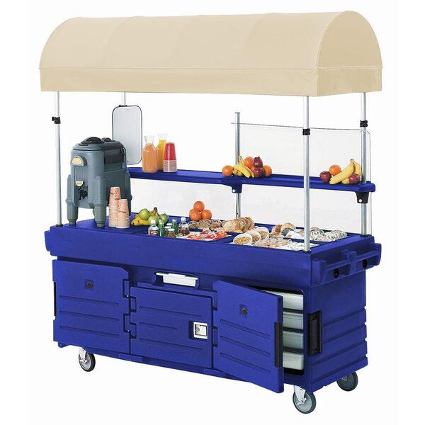 A navy blue Cambro CamKiosk vending cart with a canopy and pan wells.