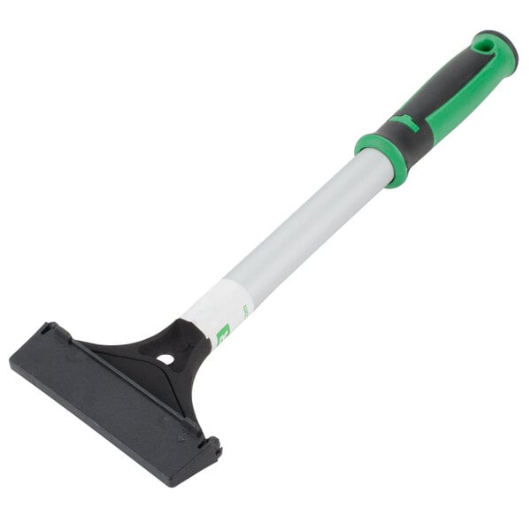 An Unger ErgoTec grill scraper with a green and black handle.