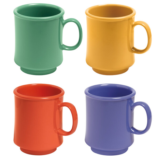 A white background with four colorful GET Diamond Mardi Gras Tritan mugs with handles in orange, yellow, green, and purple.
