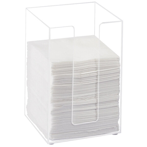 A clear plastic container with a stack of beverage napkins.