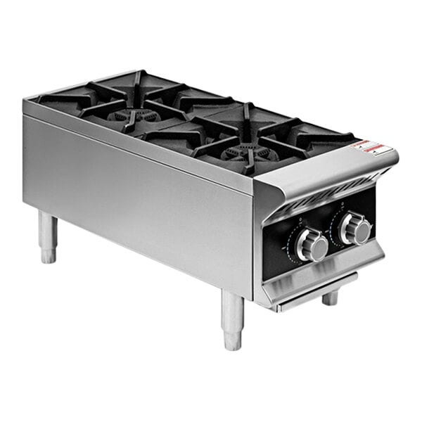 A Vollrath stainless steel countertop gas range with two burners.