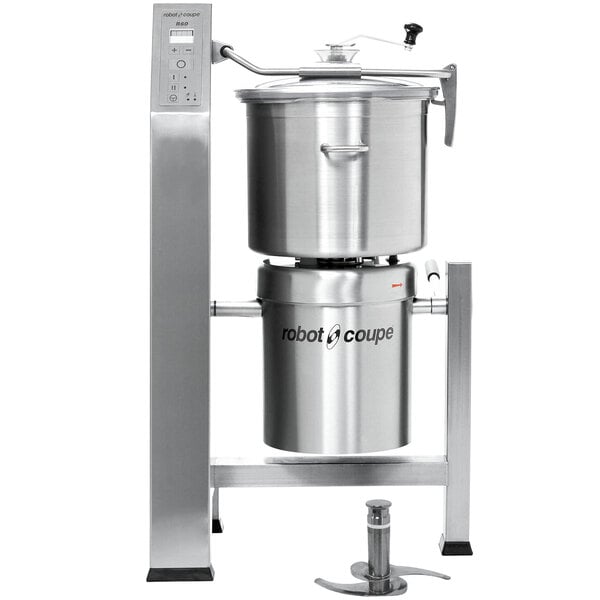 A Robot Coupe stainless steel vertical cutter mixer on a stand.