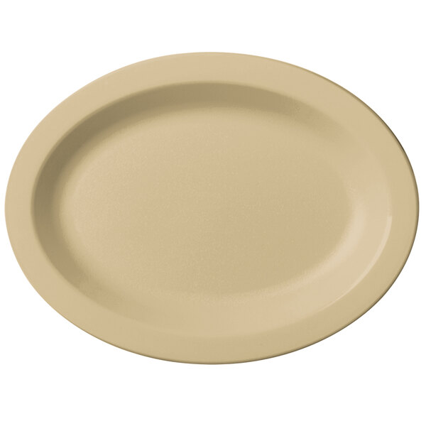 A white oval Cambro polycarbonate platter with a beige rim.