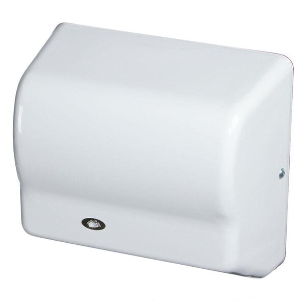 An American Dryer white hand dryer on a white wall.