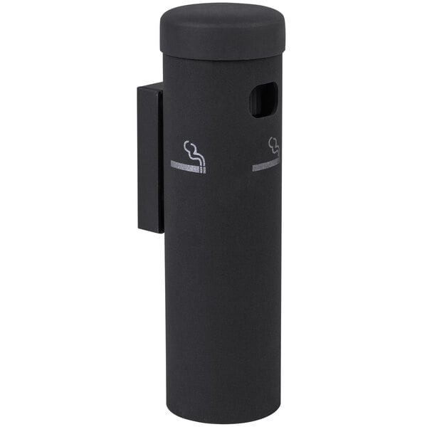A black Aarco wall mounted cigarette and ash receptacle.