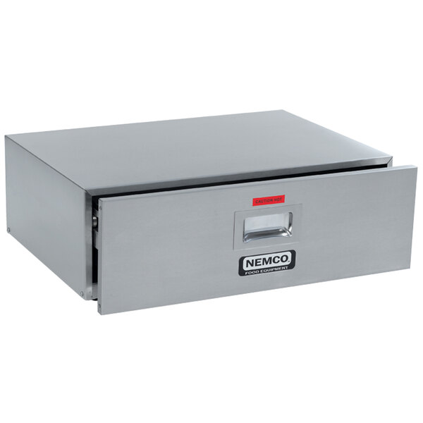 A silver drawer with a red label and a red handle holding hot dog buns.