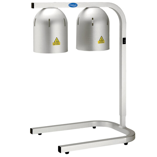 A white metal Globe countertop lamp stand with two cylinder-shaped bulbs.