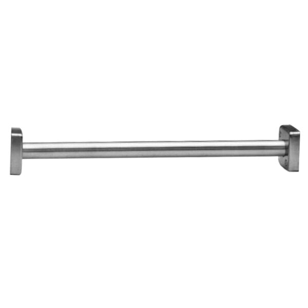 A close-up of a Bobrick stainless steel shower curtain rod with a satin finish.
