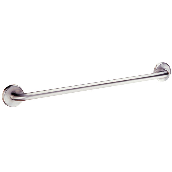 A stainless steel Bobrick towel bar with a chrome finish.