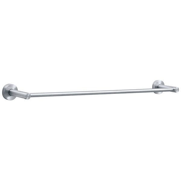 A silver towel bar with a white background.