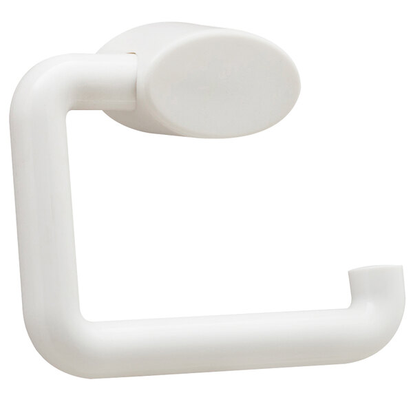 A white plastic Bobrick single roll toilet tissue dispenser with a handle.