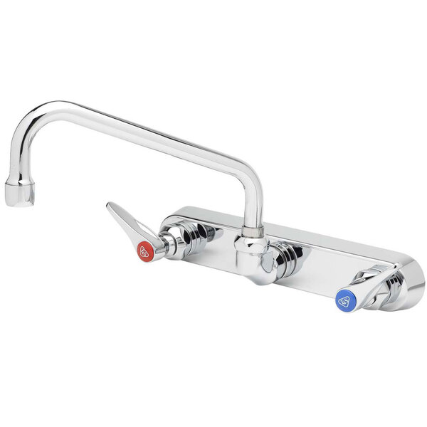 A T&S chrome wall mount faucet with two blue and red handles and an 8" swing nozzle.