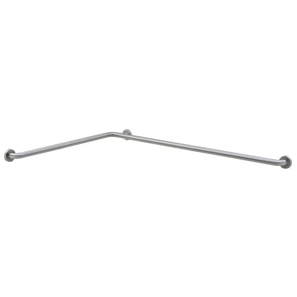 A silver stainless steel Bobrick grab bar with a peened finish and round ends.