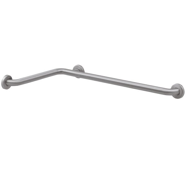 A Bobrick stainless steel tub/shower grab bar with a peened finish and curved handle.