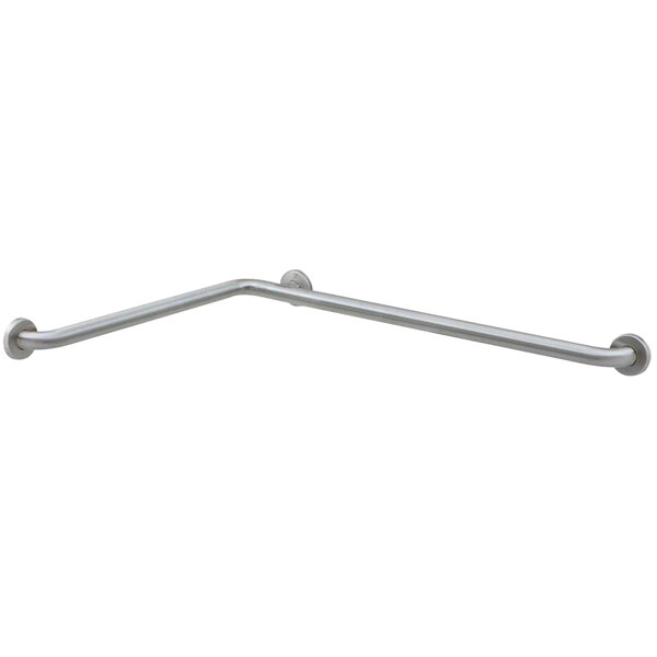 A stainless steel Bobrick toilet compartment grab bar with a curved corner.