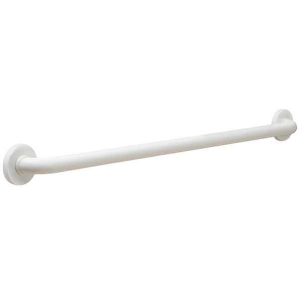 A white vinyl-coated metal Bobrick grab bar with snap flanges.