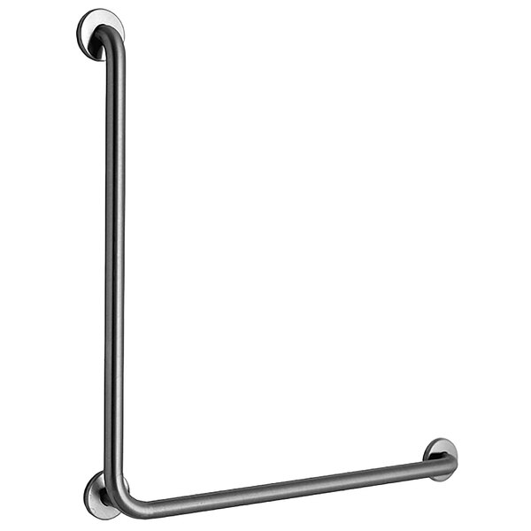 A metal Bobrick 90 degree grab bar with a peened finish.