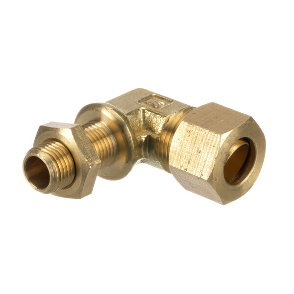 A close-up of a Southbend brass threaded elbow orifice fitting.