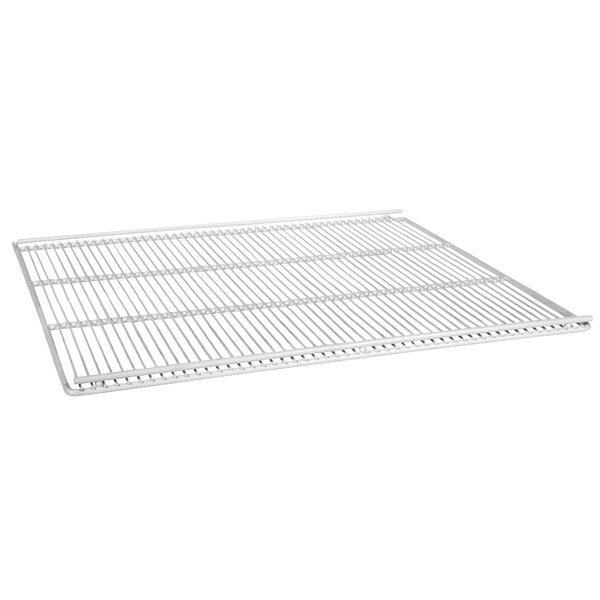 A white metal shelf with a grid of holes.