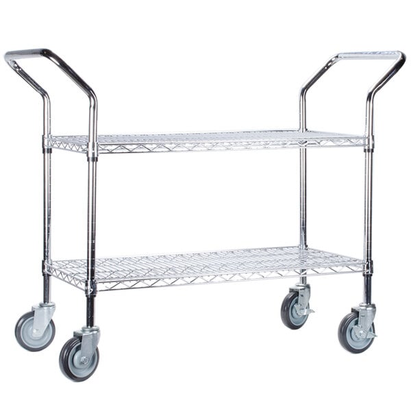 A silver chrome metal Regency utility cart with wheels and shelves.