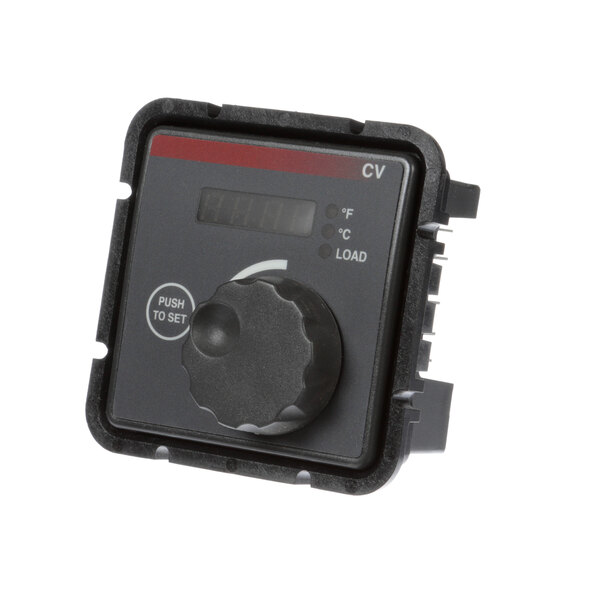 A black plastic Keating thermostat with a black dial and knob.
