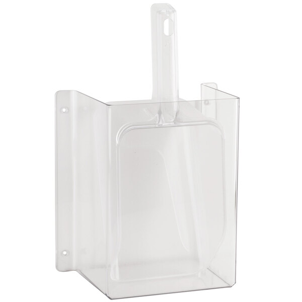 A clear plastic container with a wall mount and scoop inside.